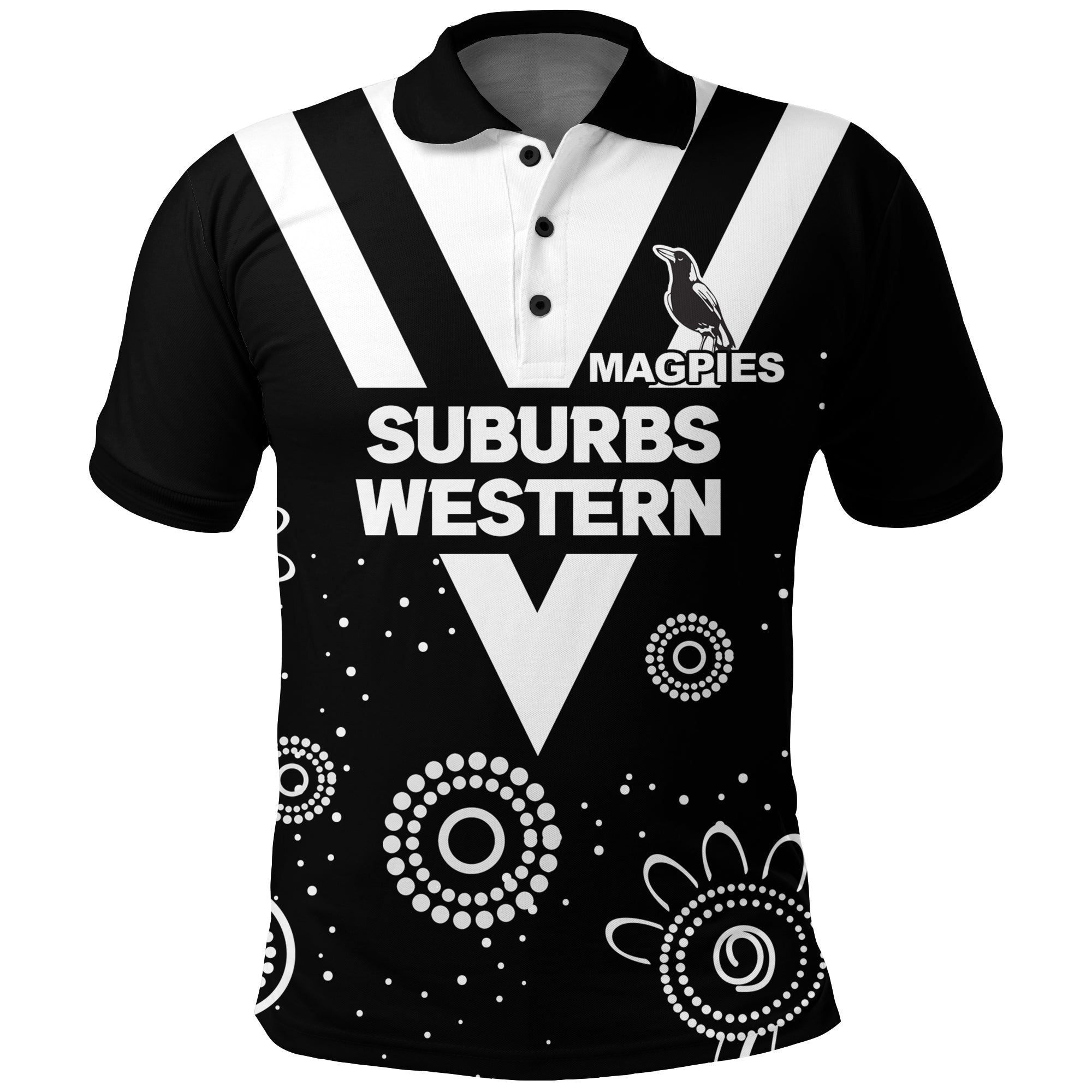 custom-personalised-western-suburbs-magpies-polo-shirt-indigenous-dot-painting-art