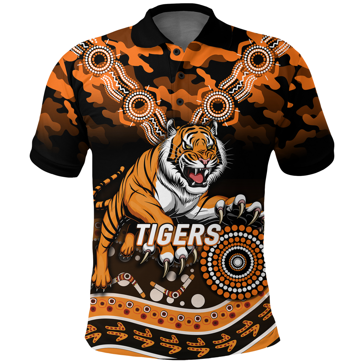 (Custom Personalised) Tigers Rugby ANZAC Day Camouflage Indigenous Art Polo Shirt - LT12