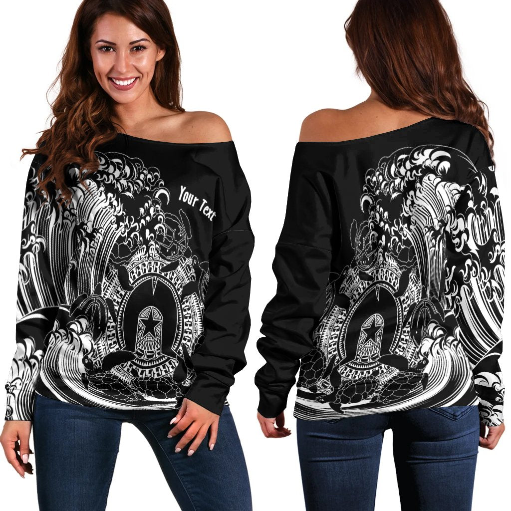 [Custom]Aboriginal Women's Off Shoulder Sweater, Torres Strait Islands in Wave (Black) - Vibe Hoodie