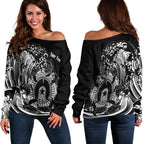 [Custom]Aboriginal Women's Off Shoulder Sweater, Torres Strait Islands in Wave (Black) - Vibe Hoodie