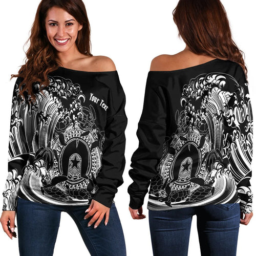 [Custom]Aboriginal Women's Off Shoulder Sweater, Torres Strait Islands in Wave (Black) - Vibe Hoodie