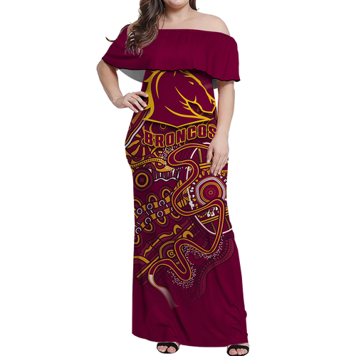 Brisbane Broncos Rugby Indigenous Women Off Shoulder Dress - LT12