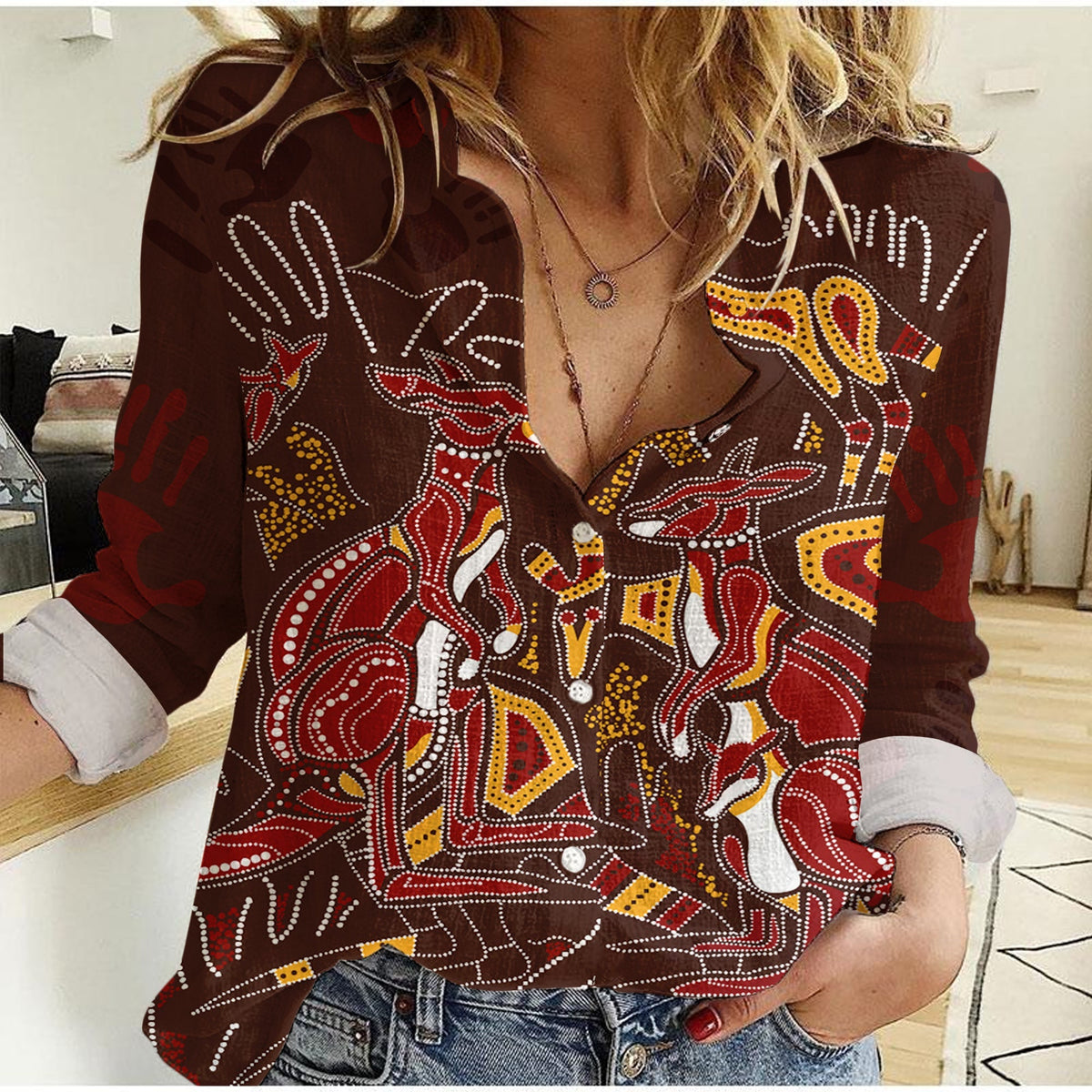 Aboriginal Kangaroo family with Hand Art Women Casual Shirt