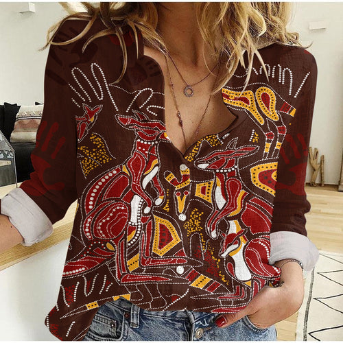 Aboriginal Kangaroo family with Hand Art Women Casual Shirt