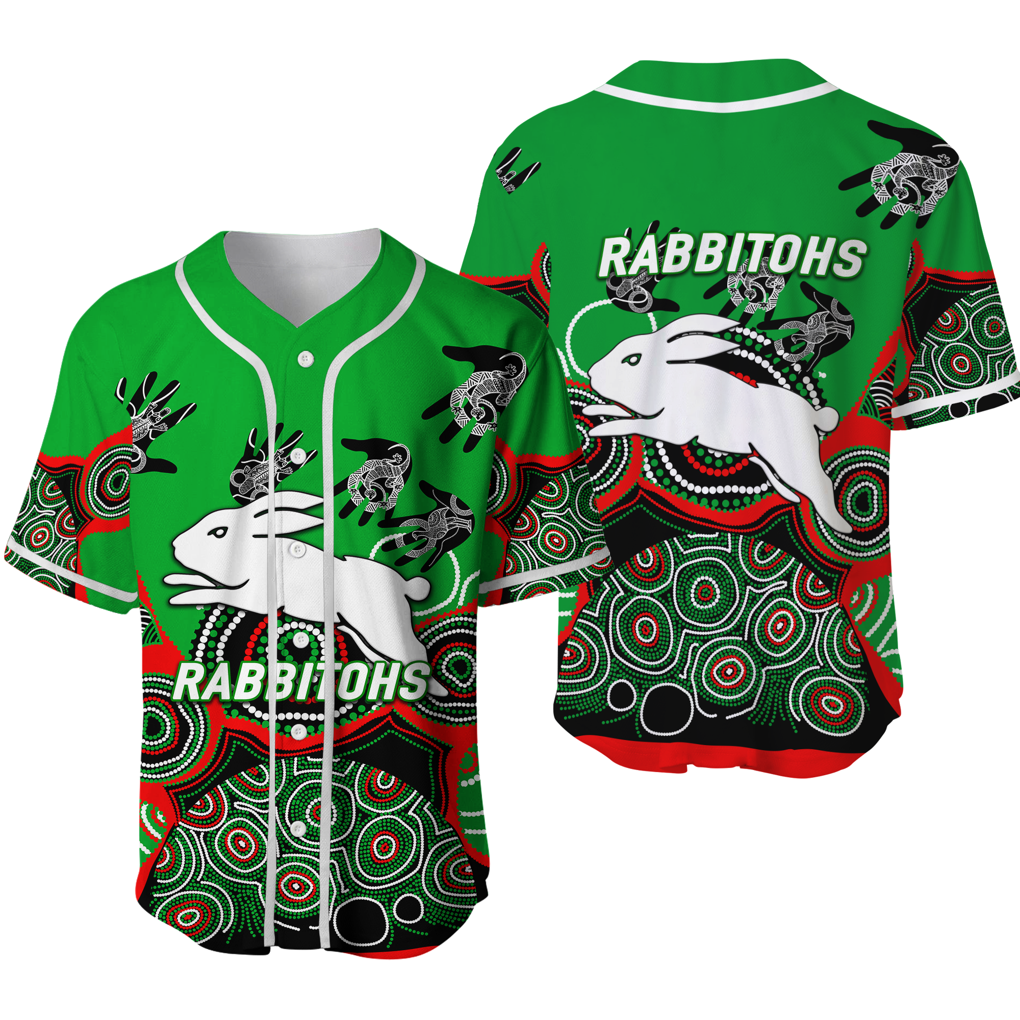Rabbitohs Rugby Aboriginal Art Baseball Jersey - LT12