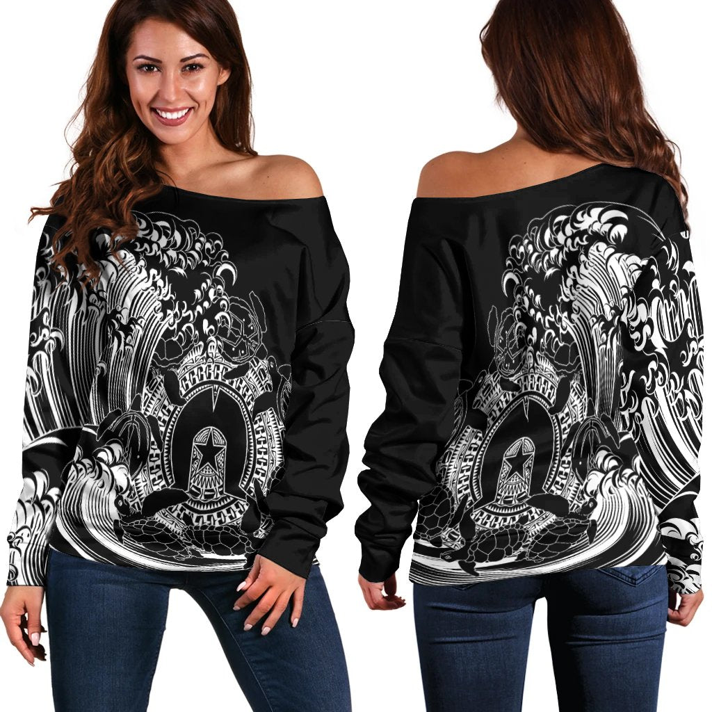 Aboriginal Women's Off Shoulder Sweater, Torres Strait Islands in Wave (Black) - Vibe Hoodie