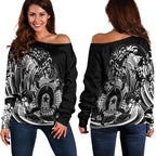 Aboriginal Women's Off Shoulder Sweater, Torres Strait Islands in Wave (Black) - Vibe Hoodie