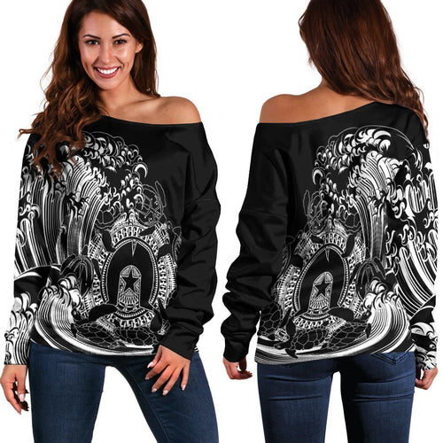 Aboriginal Women's Off Shoulder Sweater, Torres Strait Islands in Wave (Black) - Vibe Hoodie