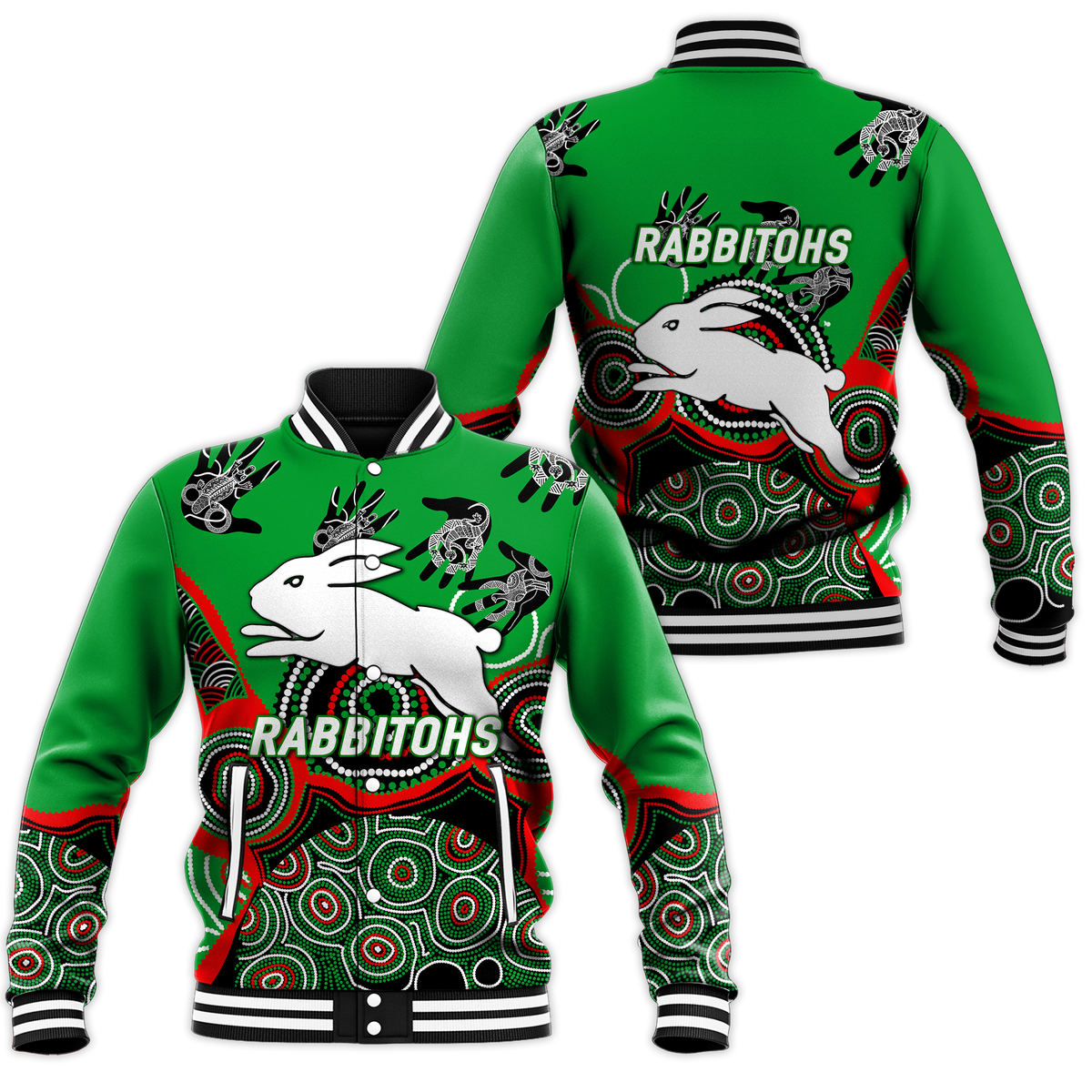 Rabbitohs Rugby Aboriginal Art Baseball Jacket - LT12
