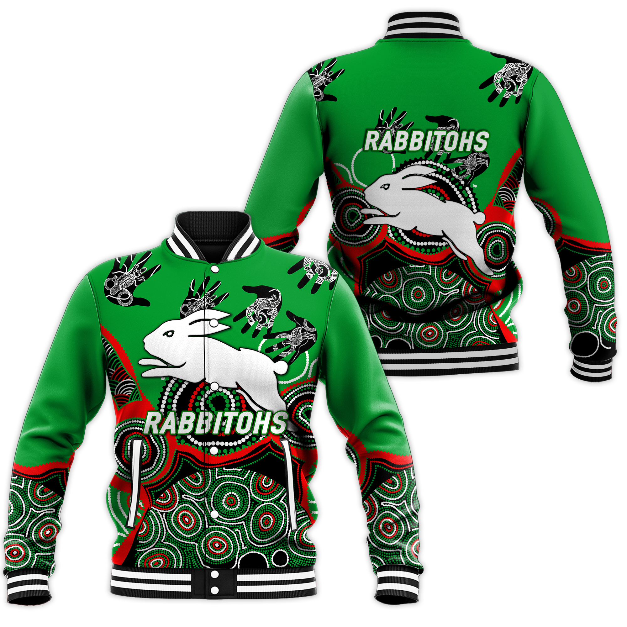 Rabbitohs Rugby Aboriginal Art Baseball Jacket - LT12