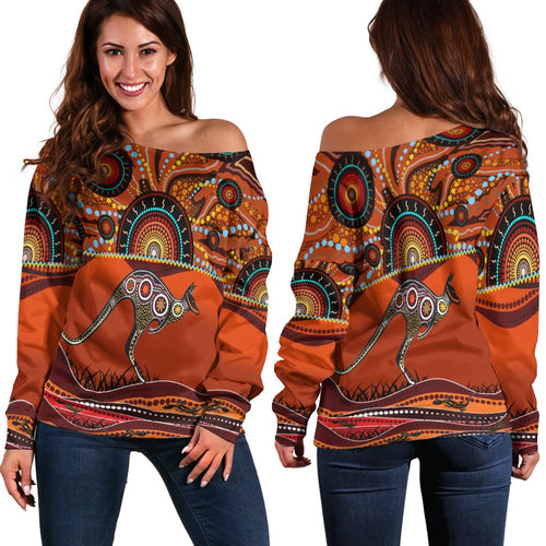 Aboriginal Off Shoulder Sweater - Kangaroo With Dot Painting - Vibe Hoodie
