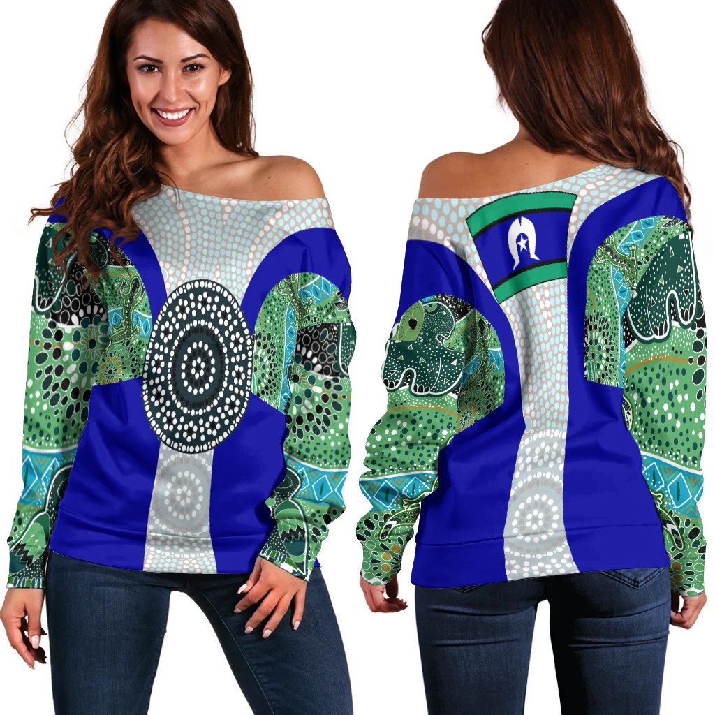 Off Shoulder Sweater - Flag of Torres Strait Islander - Vibe Hoodie