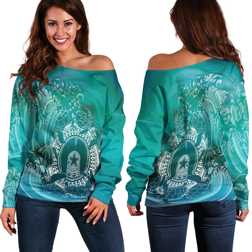 Aboriginal Women's Off Shoulder Sweater, Torres Strait Islands in Wave - Vibe Hoodie
