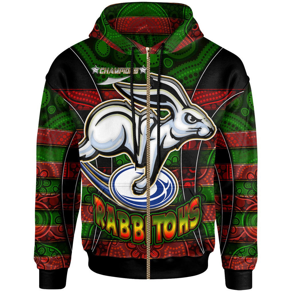 rabbitohs-rugby-hoodie-custom-rabbit-aboriginal-style-pattern-personalised-player-and-number-hoodie
