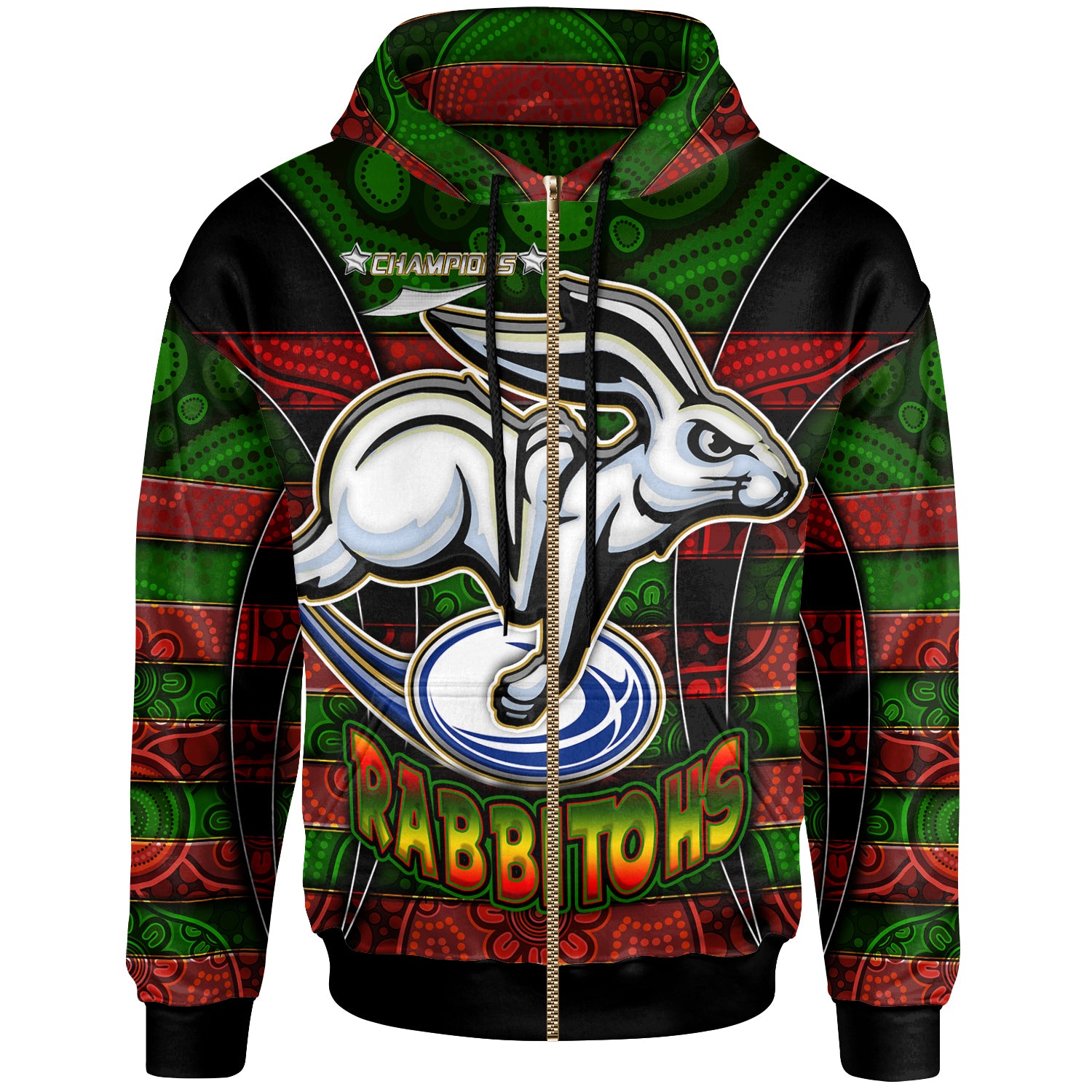 rabbitohs-rugby-hoodie-custom-rabbit-aboriginal-style-pattern-personalised-player-and-number-hoodie