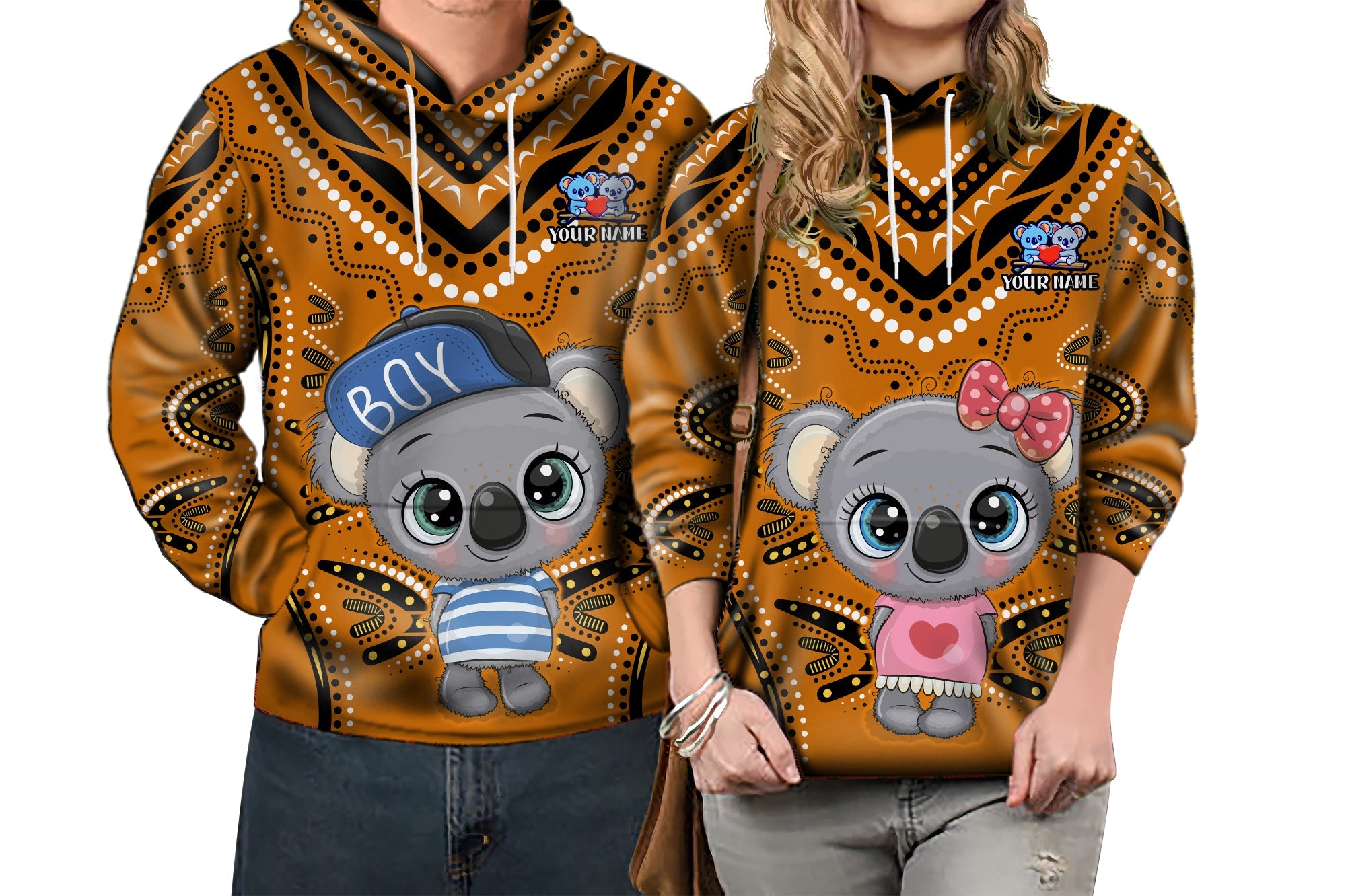 (Custom Personalised) Australia Valentine Cute Koala Couple Hoodie Aboriginal Valentine Orange LT13