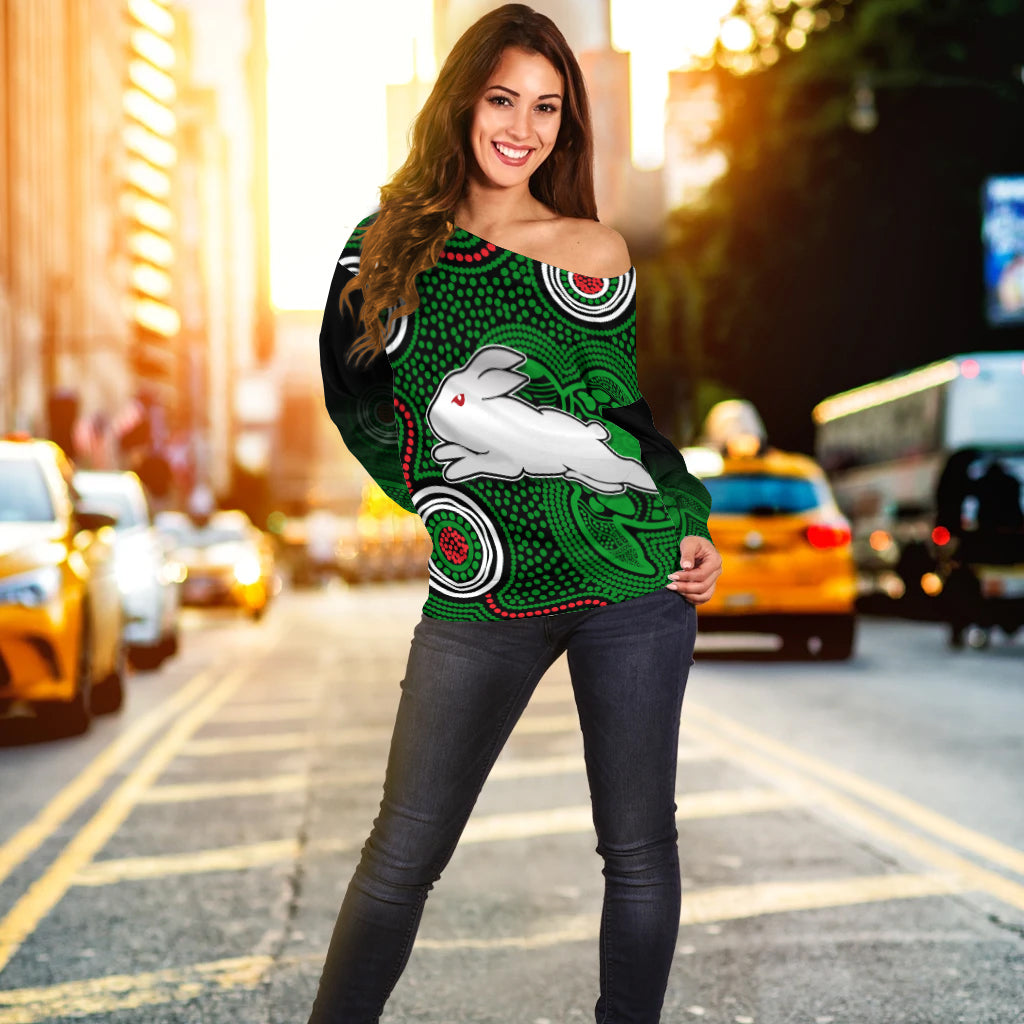 Rabbitohs Indigenous Off Shoulder Sweater Simple Green - Vibe Hoodie