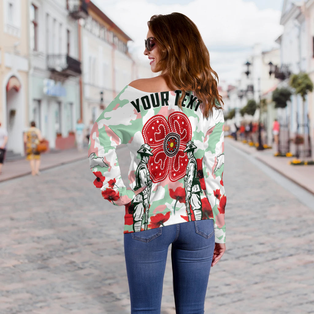 (Custom Personalised) Rabbitohs Anzac Day Women Off Shoulder Sweater Poppies Aboriginal Proud Soldiers LT13