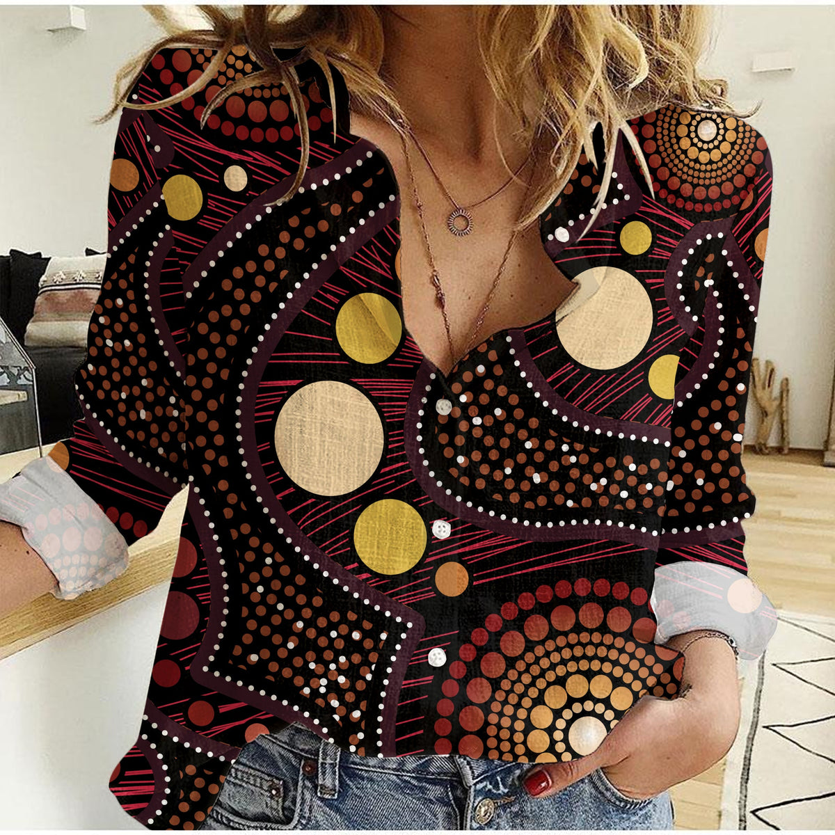 custom-text-and-number-women-casual-shirt-aboriginal-art-ver04