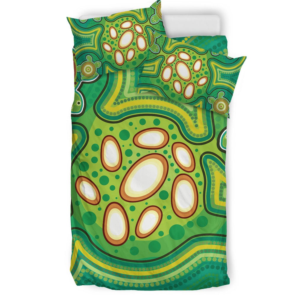 australia-aboriginal-inspired-bedding-set-aboriginal-dot-art-vector-painting-with-turtle-green-color-bedding-set