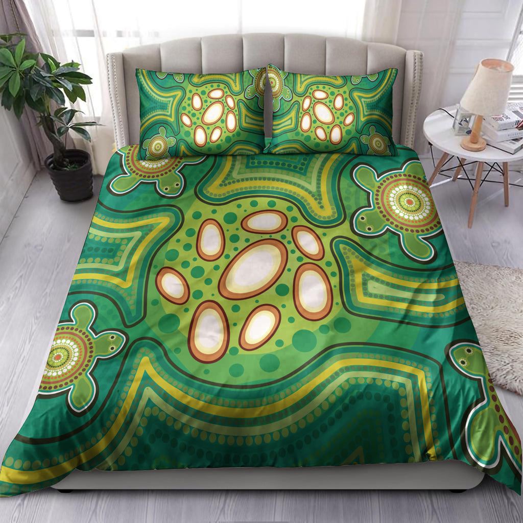 australia-aboriginal-inspired-bedding-set-aboriginal-dot-art-vector-painting-with-turtle-green-color-bedding-set