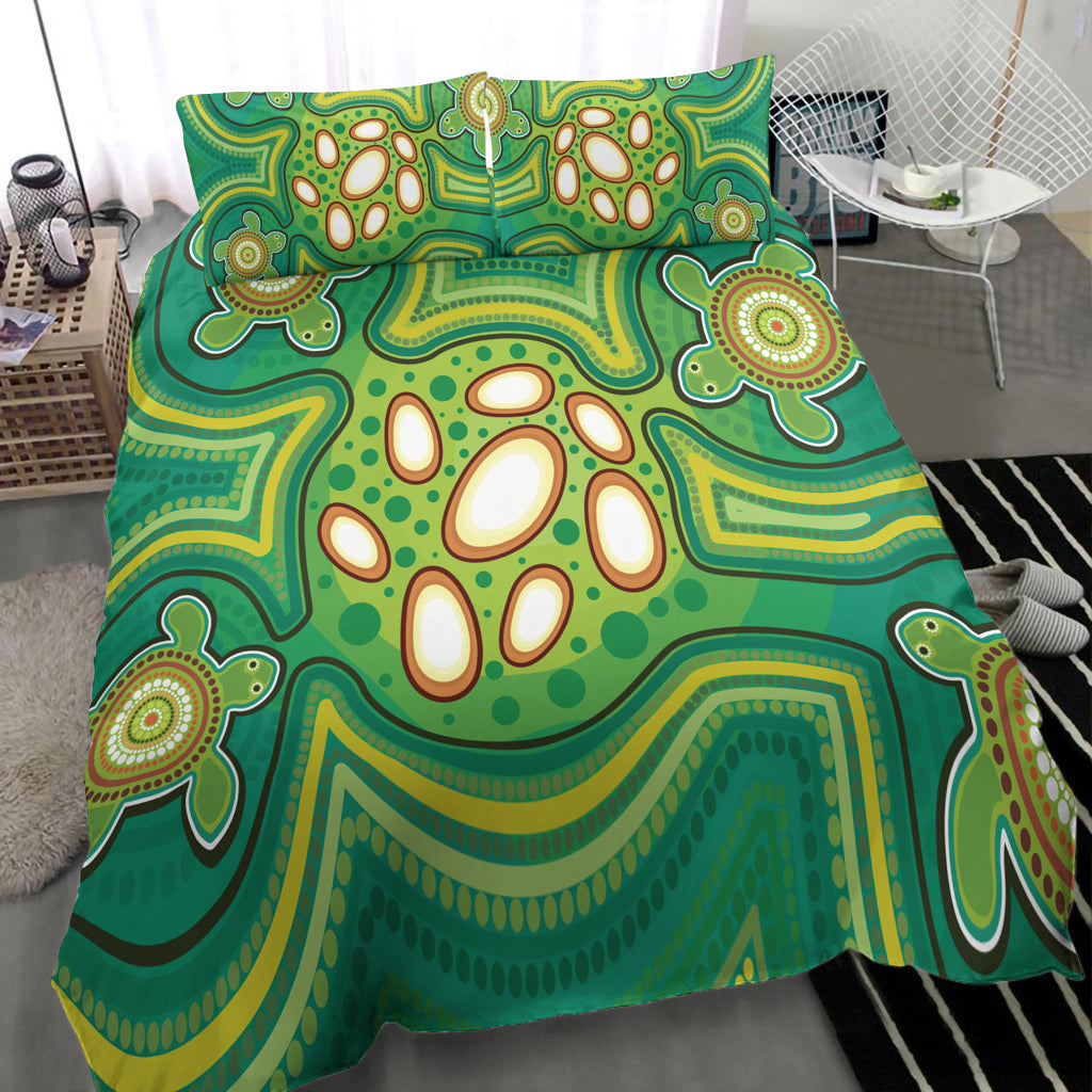 australia-aboriginal-inspired-bedding-set-aboriginal-dot-art-vector-painting-with-turtle-green-color-bedding-set