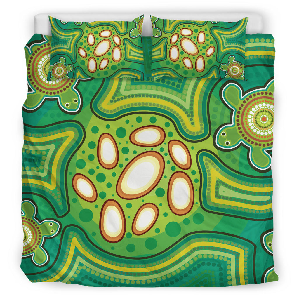australia-aboriginal-inspired-bedding-set-aboriginal-dot-art-vector-painting-with-turtle-green-color-bedding-set