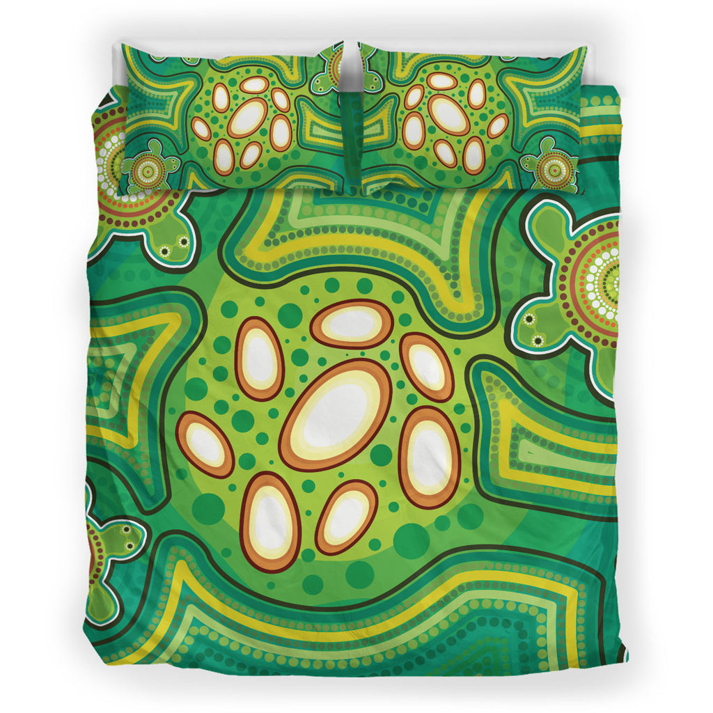 australia-aboriginal-inspired-bedding-set-aboriginal-dot-art-vector-painting-with-turtle-green-color-bedding-set