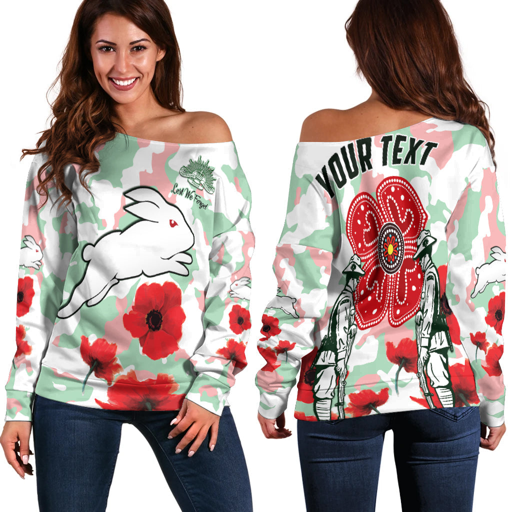 (Custom Personalised) Rabbitohs Anzac Day Women Off Shoulder Sweater Poppies Aboriginal Proud Soldiers LT13