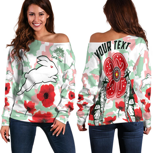 (Custom Personalised) Rabbitohs Anzac Day Women Off Shoulder Sweater Poppies Aboriginal Proud Soldiers LT13