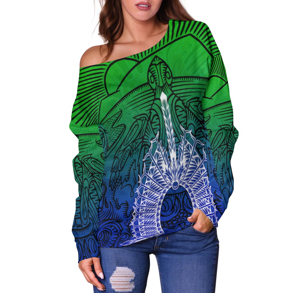 Torres Strait Islanders Women's Off Shoulder Sweater - Turtle and Dhari Mask - Vibe Hoodie