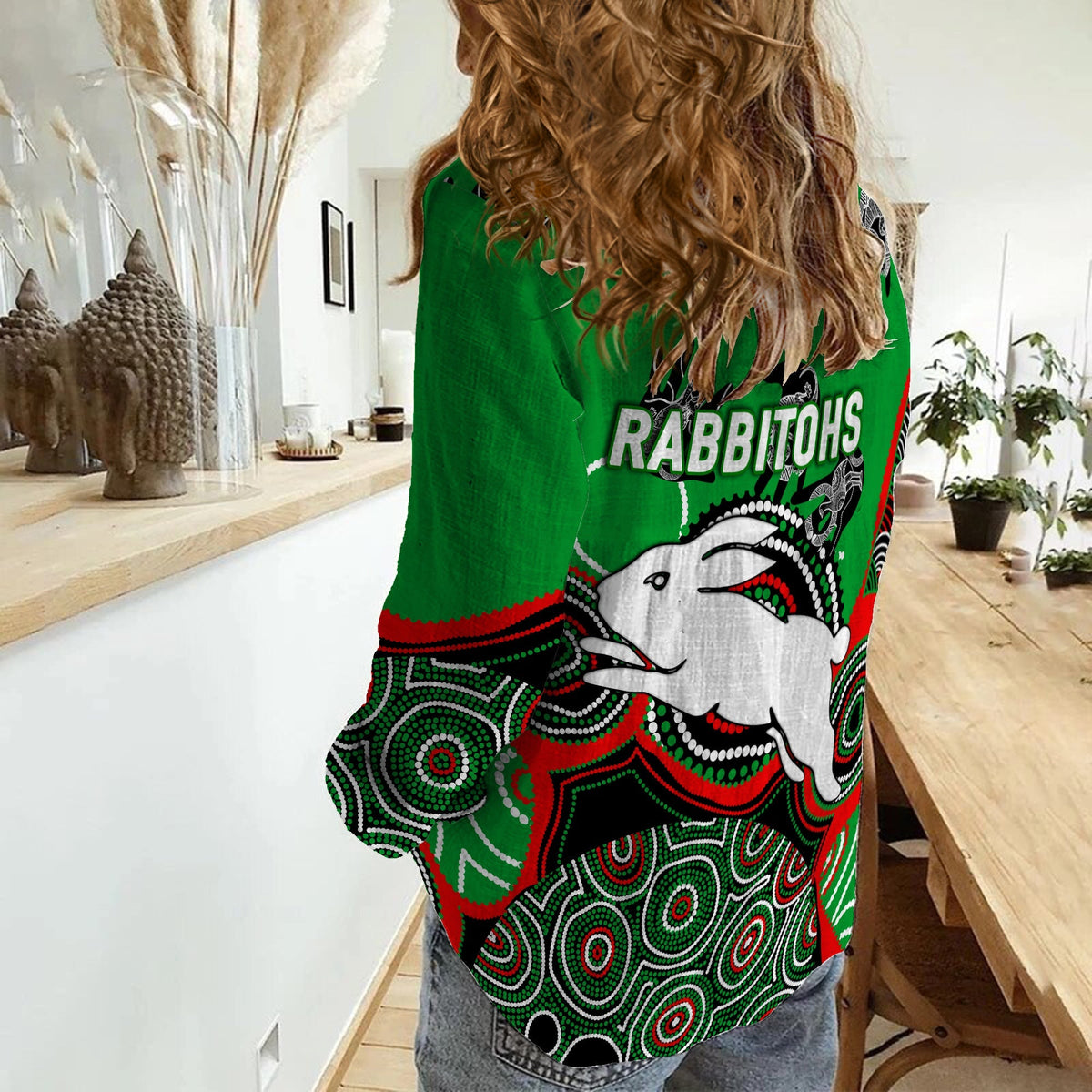 Rabbitohs Rugby Aboriginal Art Women Casual Shirt - LT12
