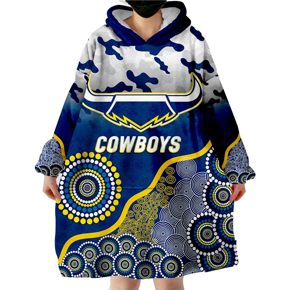 (Custom Personalised ) Cowboys Rugby ANZAC Day Camouflage Indigenous Art Wearable Blanket Hoodie - LT12