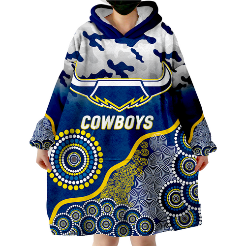 (Custom Personalised ) Cowboys Rugby ANZAC Day Camouflage Indigenous Art Wearable Blanket Hoodie - LT12