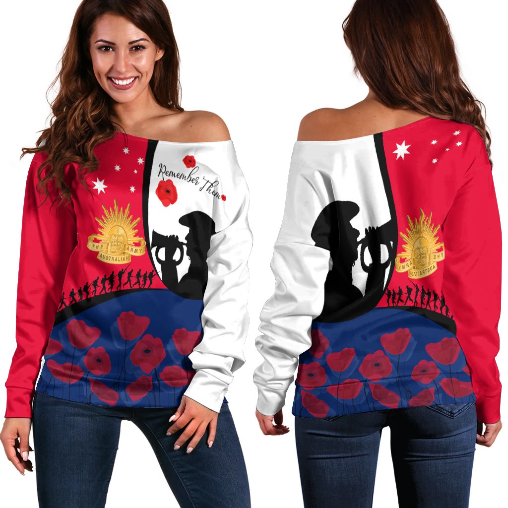 Anzac Day Women's Off Shoulder Sweater - We will remember Them - Vibe Hoodie