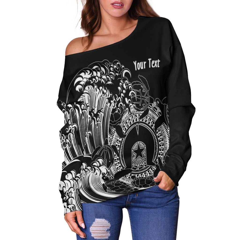 [Custom]Aboriginal Women's Off Shoulder Sweater, Torres Strait Islands in Wave (Black) - Vibe Hoodie