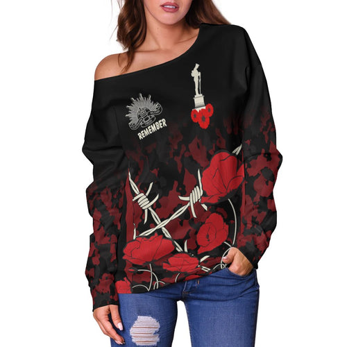 Anzac Off Shoulder Sweater - Anzac with Remembrance Poppy Flower Ver2 - Vibe Hoodie