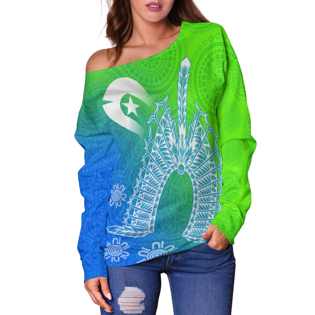 Torres Strait Islander Women's Off Shoulder Sweater - Dhari Mask Ocean Style - Vibe Hoodie