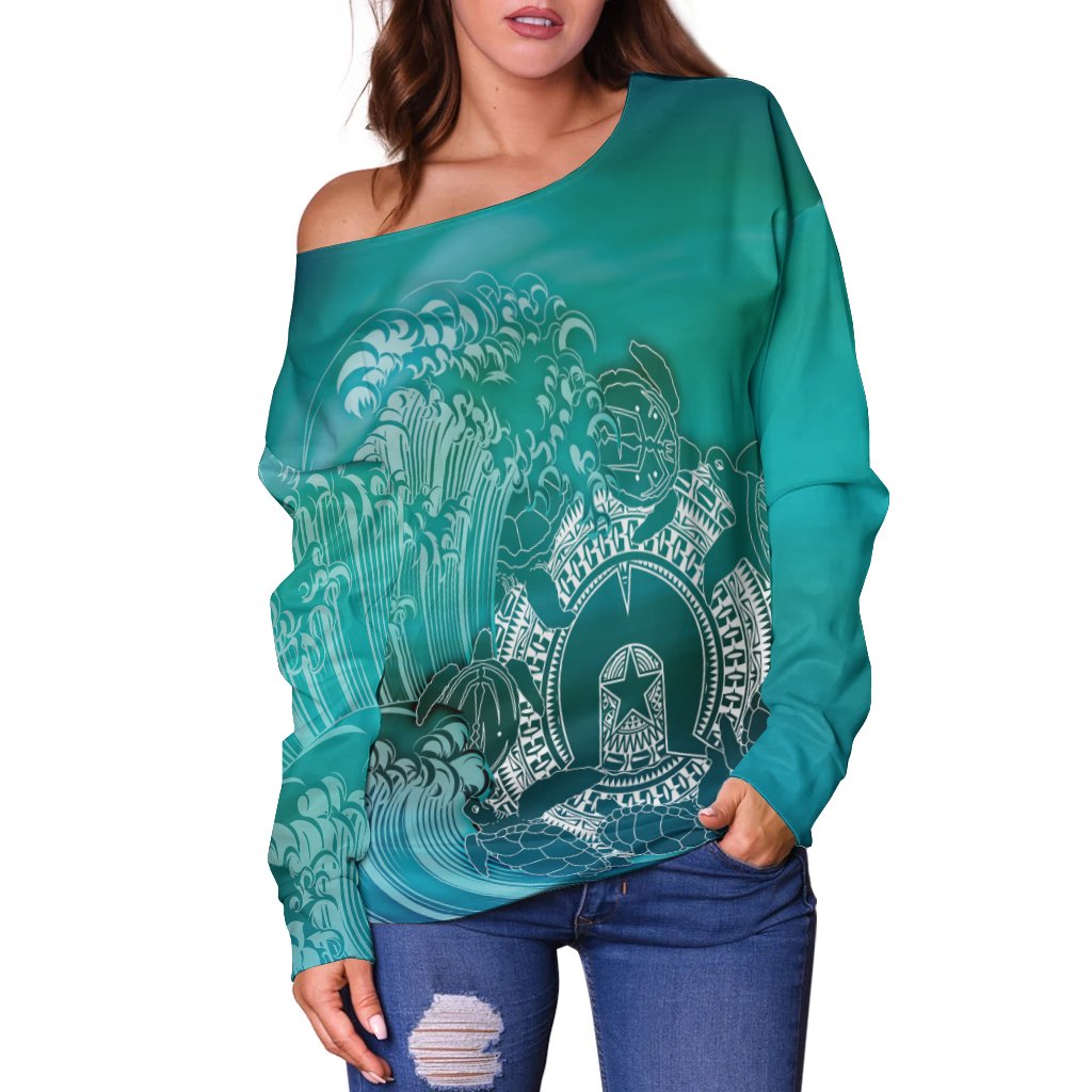 Aboriginal Women's Off Shoulder Sweater, Torres Strait Islands in Wave - Vibe Hoodie