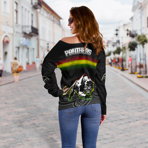 Black Panthers Rugby League Aboriginal Women Off Shoulder Sweater - LT2