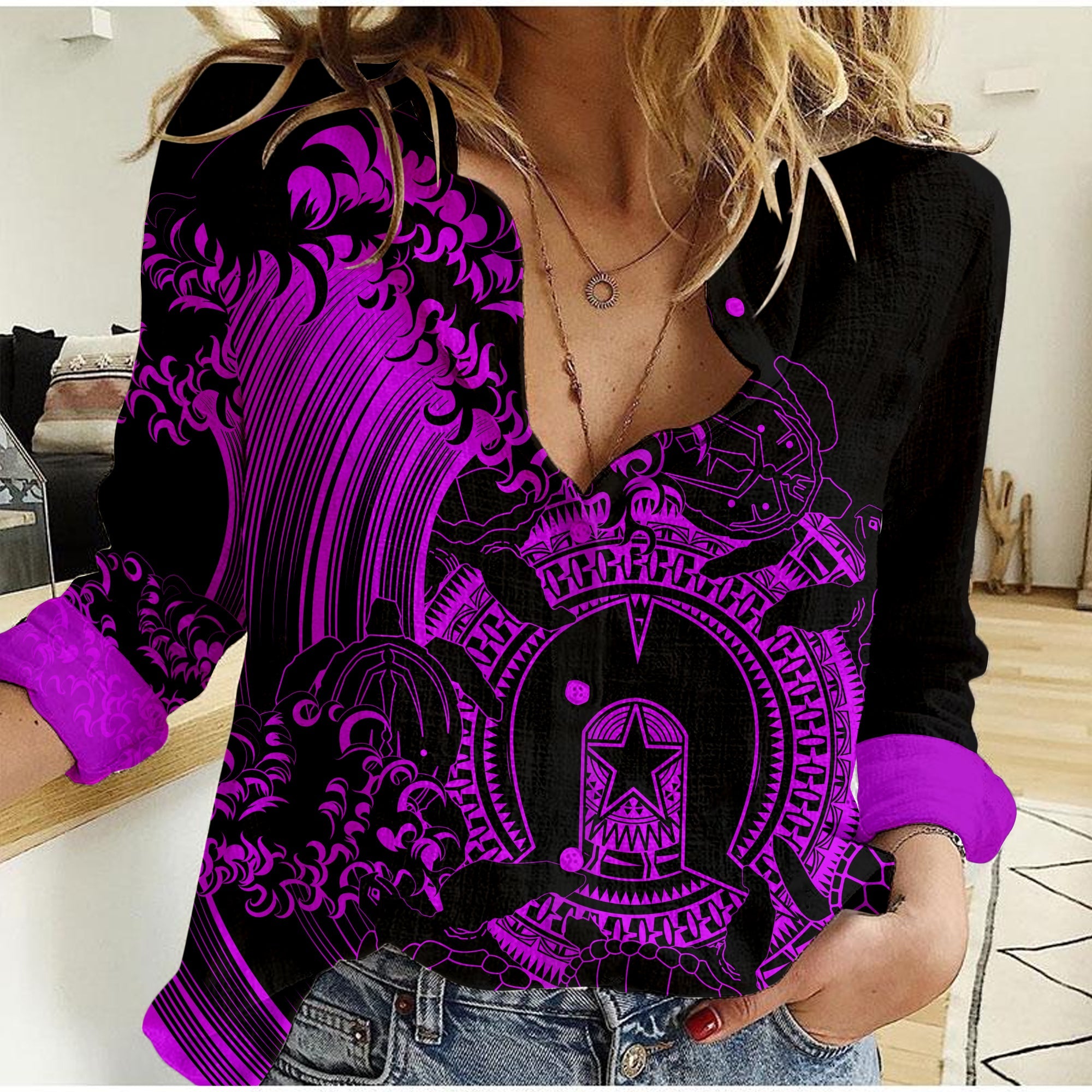 custom-personalised-aboriginal-torres-strait-islands-in-wave-purple-women-casual-shirt