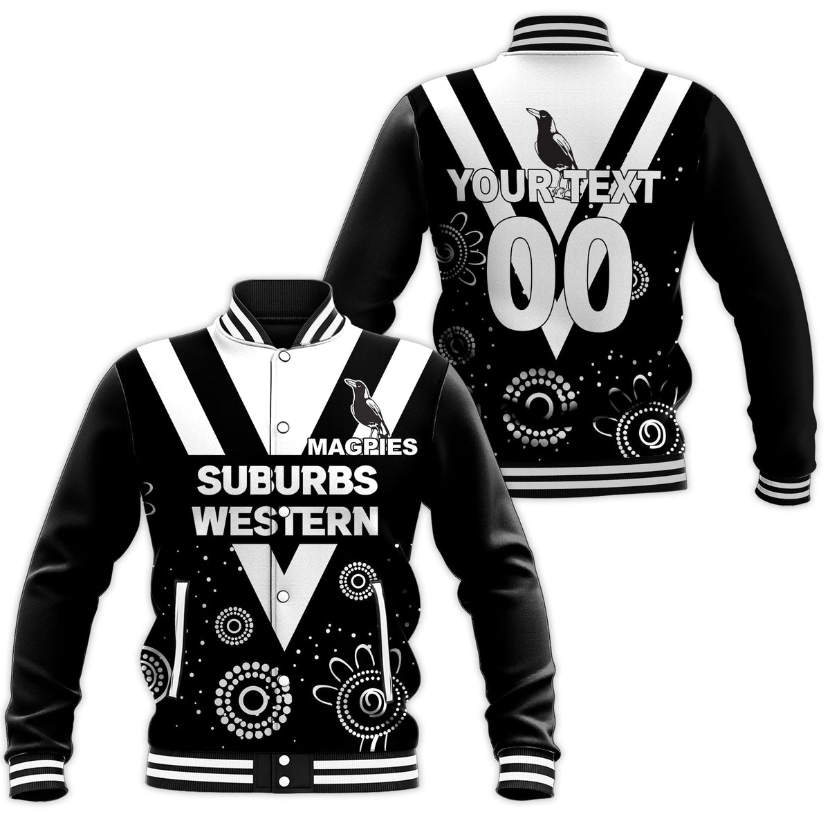 custom-personalised-western-suburbs-magpies-baseball-jacket-indigenous-dot-painting-art