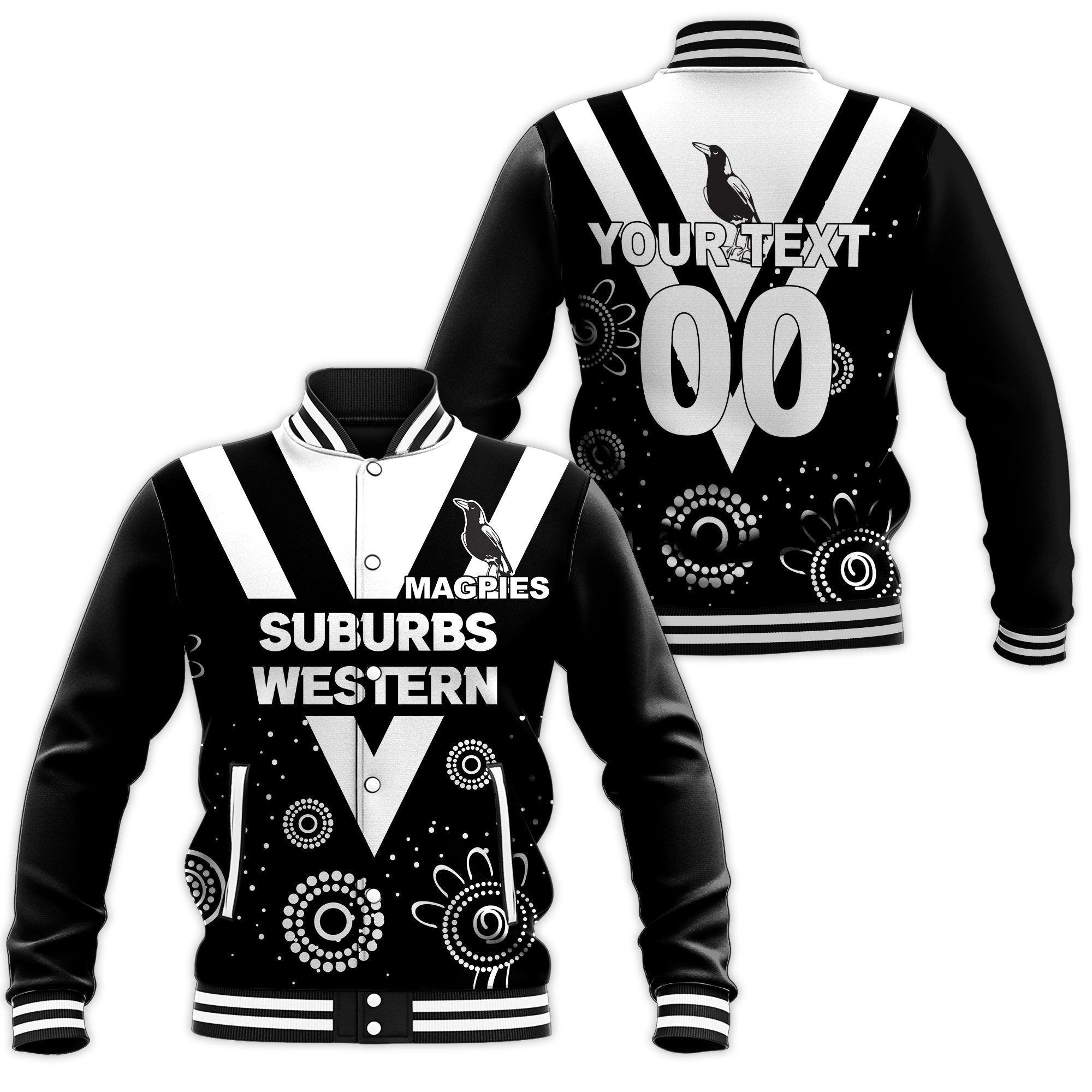 custom-personalised-western-suburbs-magpies-baseball-jacket-indigenous-dot-painting-art