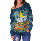 NAIDOC Week Cowboys Women's Off Shoulder Sweater - Aboriginal Dot Painting - LT12 - Vibe Hoodie