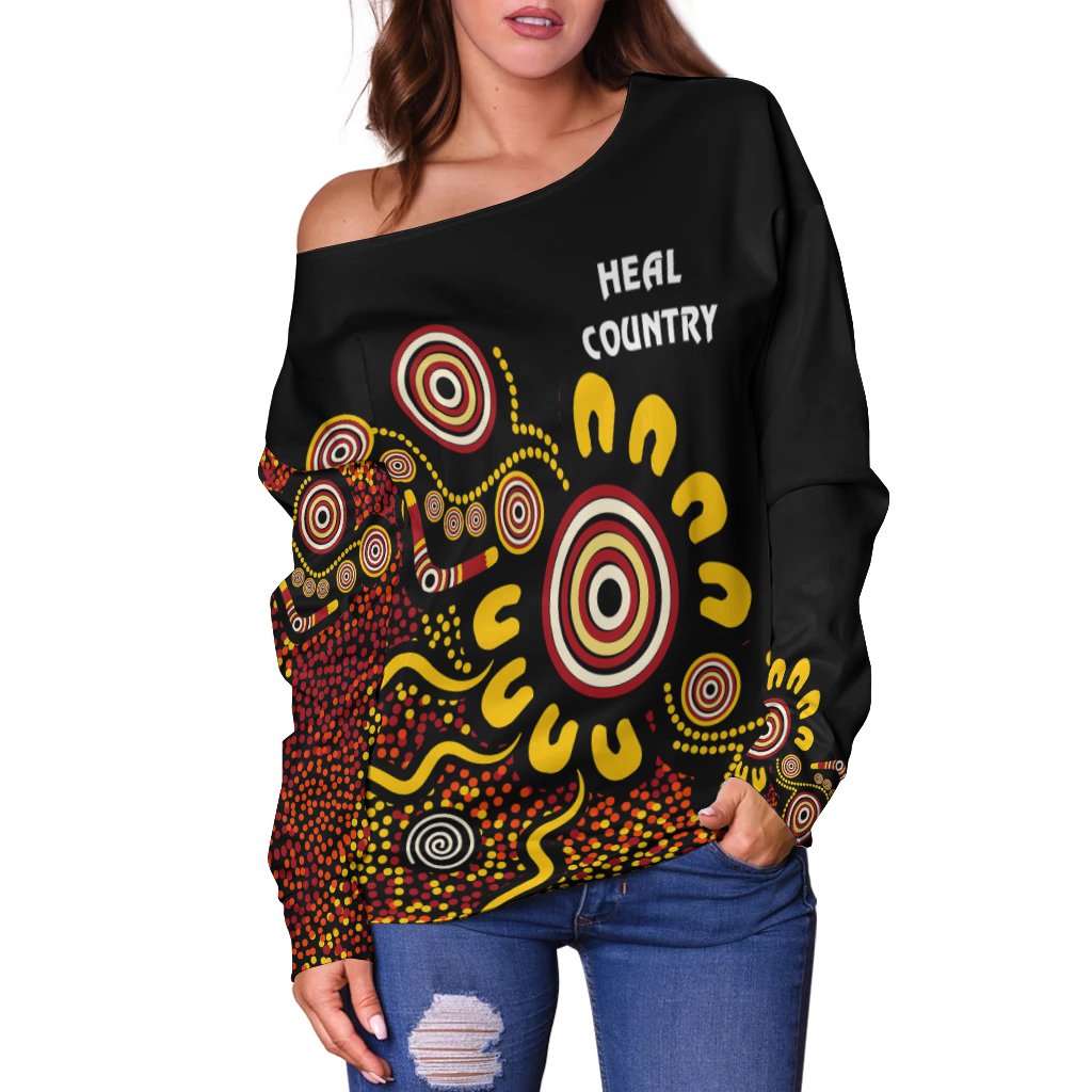 Australia Naidoc Week Women's Off Shoulder Sweater - Naidoc Week 2021 - Heal Country - Vibe Hoodie