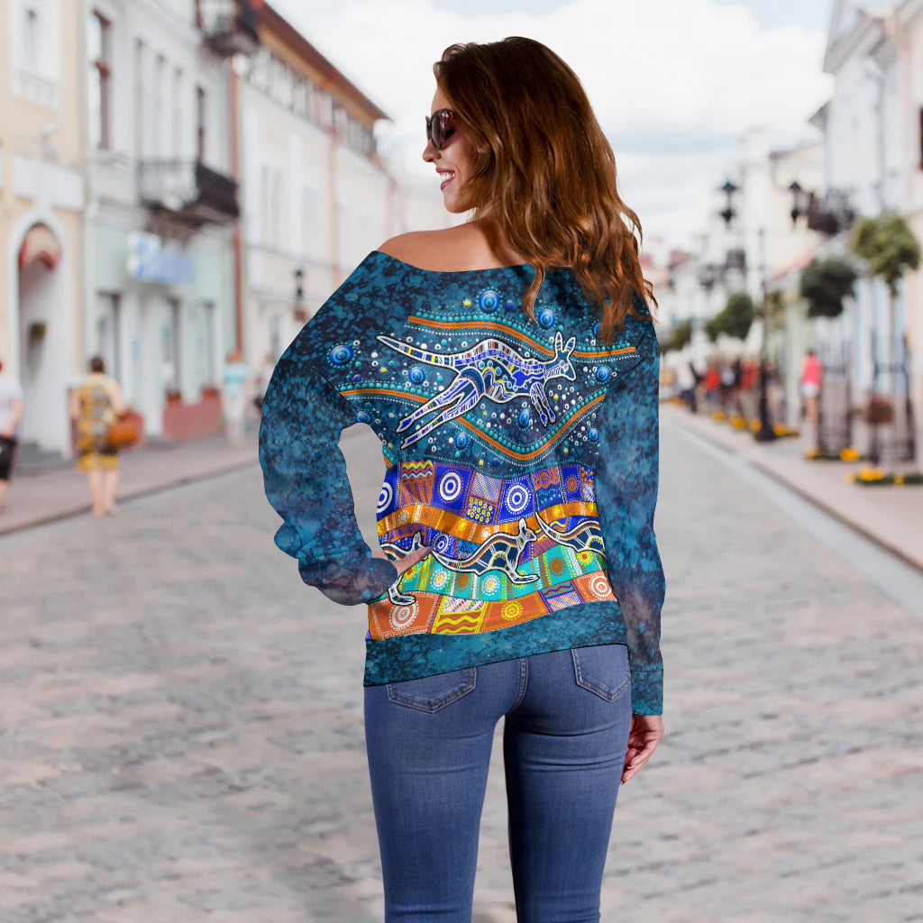Australia Indigenous Women Off Shoulder Sweater -  Dot Painting Art
