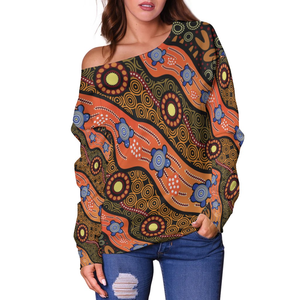 Off Shoulder Sweater - Aboriginal Dot Unique Style Turtle - Vibe Hoodie