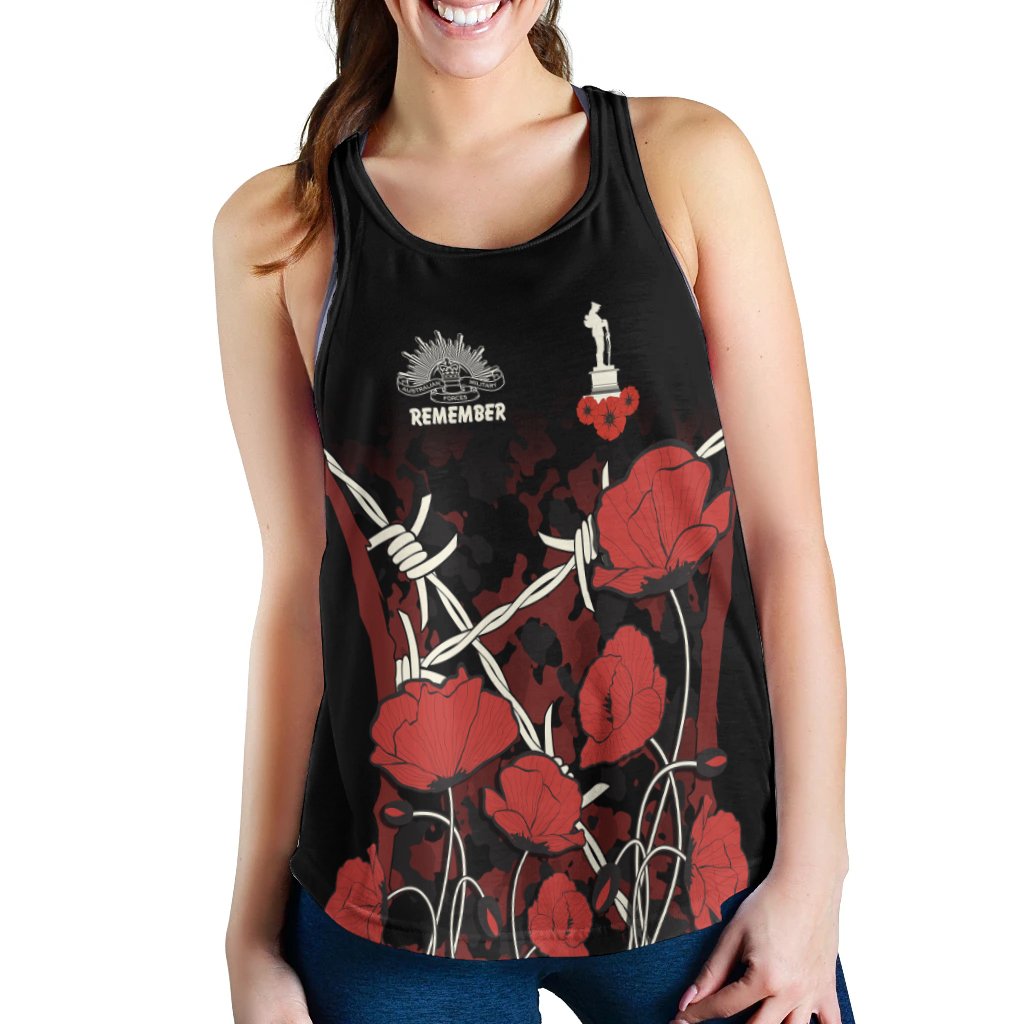 Anzac Women's Racerback Tank - Anzac with Remembrance Poppy Flower Ver2 - Vibe Hoodie