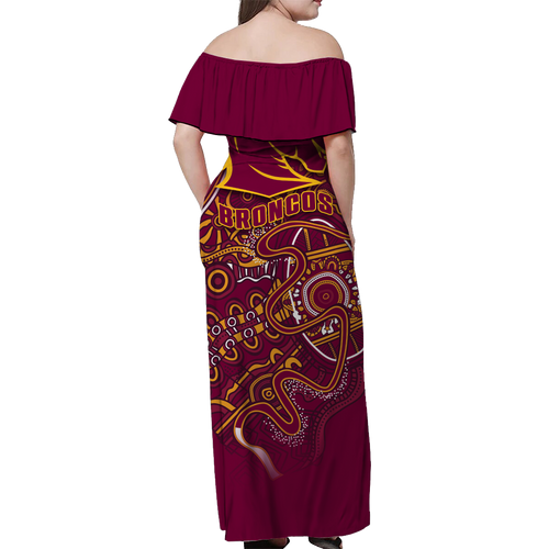 Brisbane Broncos Rugby Indigenous Women Off Shoulder Dress - LT12