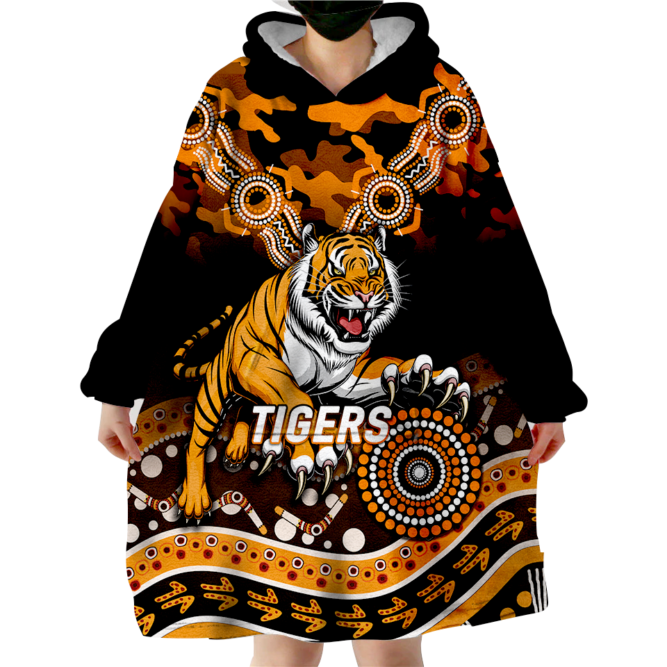 (Custom Personalised ) Tigers Rugby ANZAC Day Camouflage Indigenous Art Wearable Blanket Hoodie - LT12
